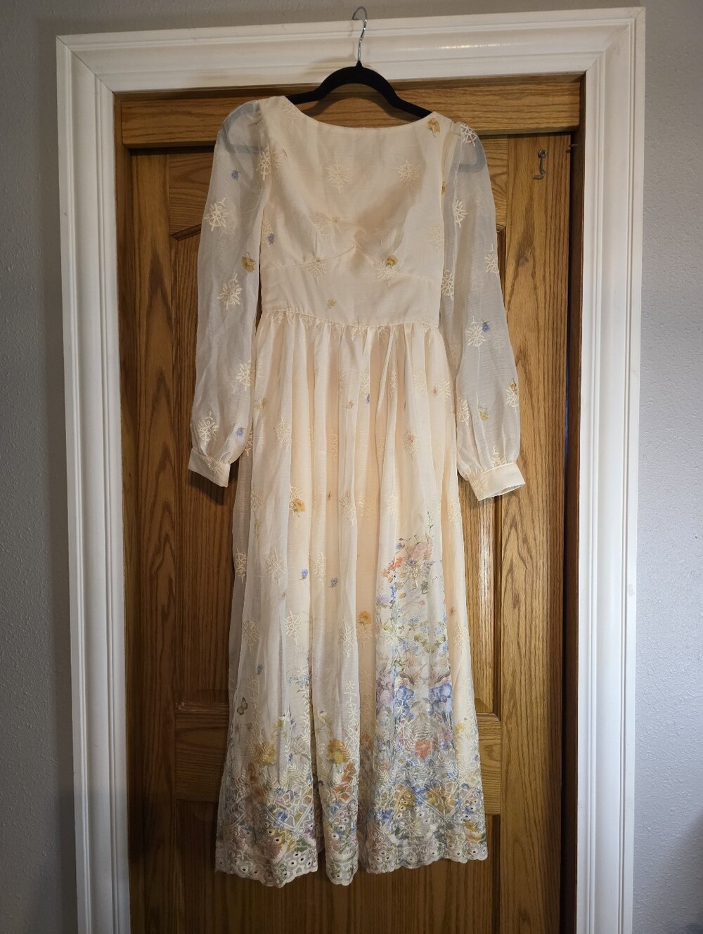 Cottagecore Cream Floral Embroidered Lace Long-Sleeve Maxi Dress